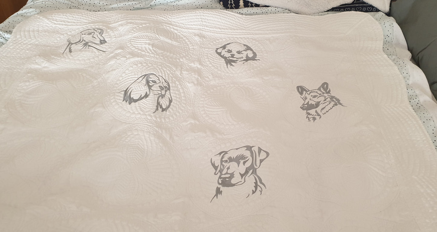 Embroidered quilt, grey embroidery, dog breeds