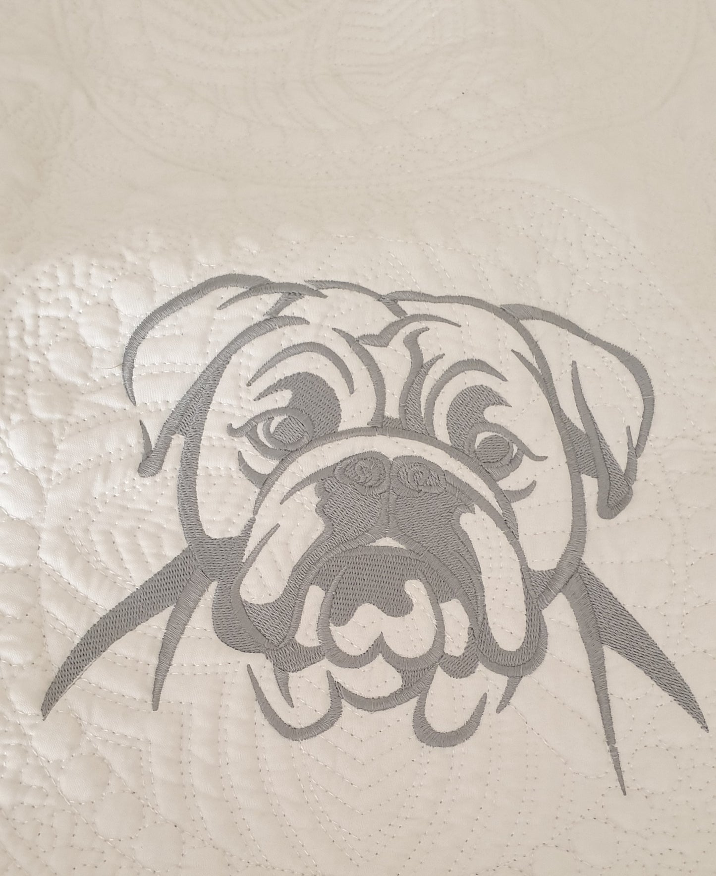 Embroidered quilt, grey embroidery, dog breeds