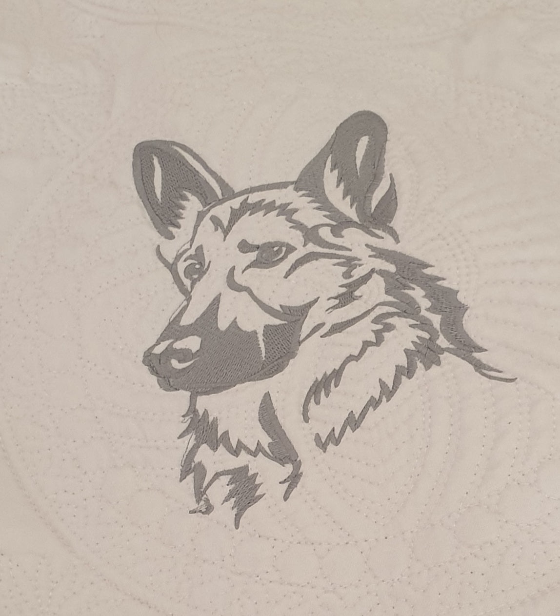 Embroidered quilt, grey embroidery, dog breeds