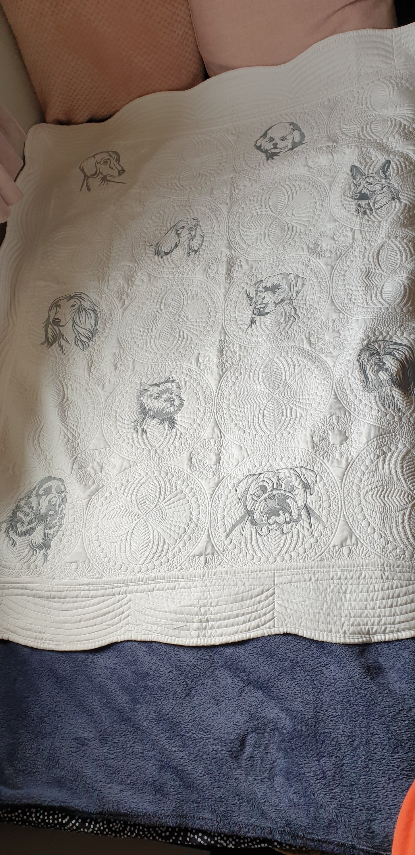 Embroidered quilt, grey embroidery, dog breeds