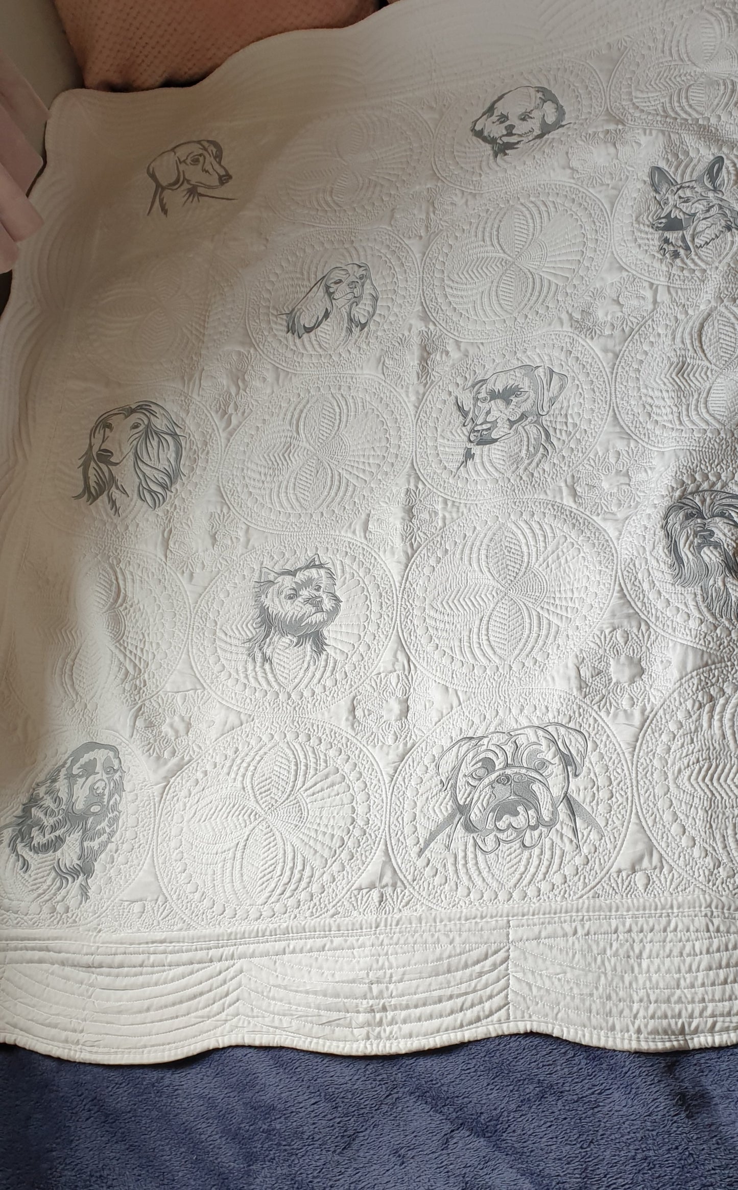 Embroidered quilt, grey embroidery, dog breeds